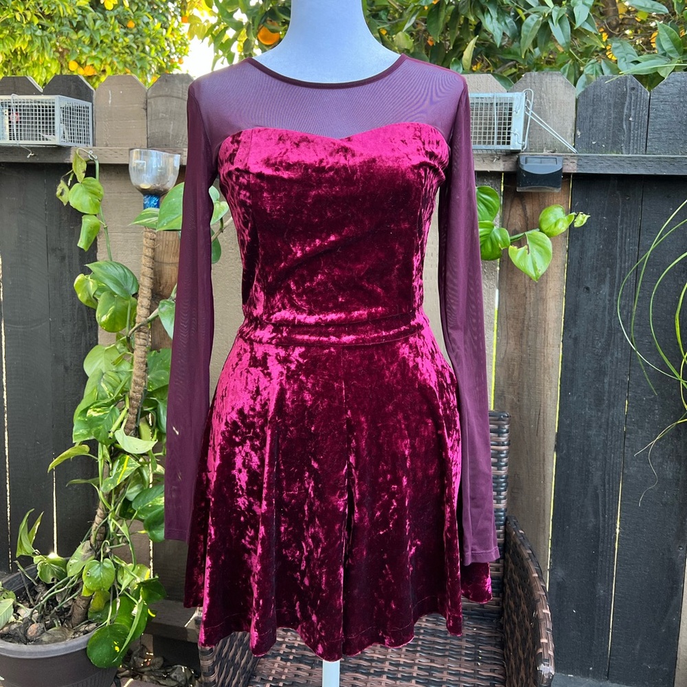 Burgundy velvet playsuit with mesh sleeves